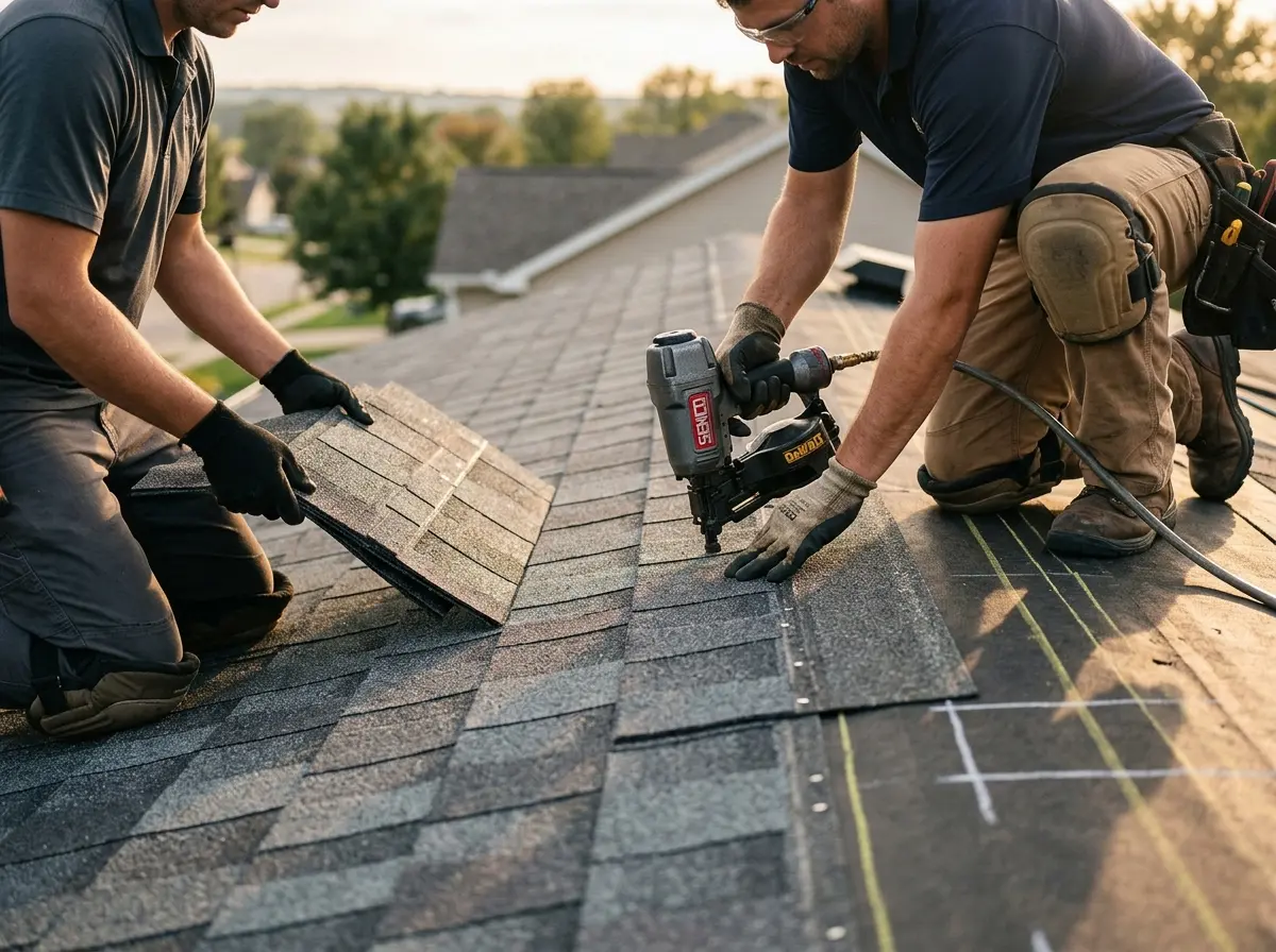 Professional roofer working on a residential roof in Newbury